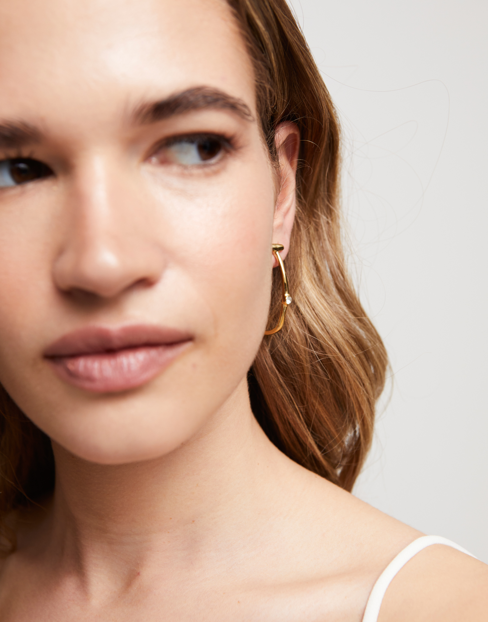 Hoop earrings with white topaz, Golden, large thumbnail